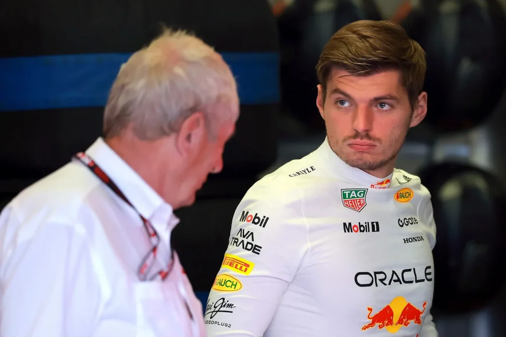 MEXICO CITY, MEXICO - OCTOBER 25: Max Verstappen of the Netherlands and Oracle Red Bull Racing and Dr Helmut Marko, Team Consultant of Oracle Red Bull Racing talk in the garage prior to final practice ahead of the F1 Grand Prix of Mexico at Autodromo Hermanos Rodriguez on October 25, 2025 in Mexico City, Mexico. (Photo by Hector Vivas/Getty Images) // Getty Images / Red Bull Content Pool // SI202510250606 // Usage for editorial use only //