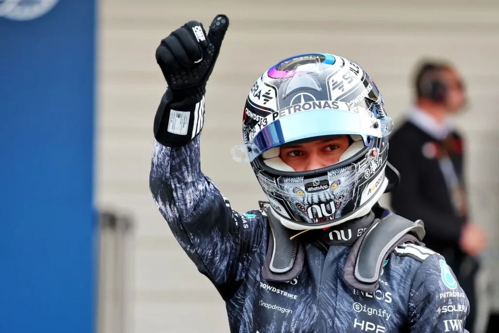 Andrea Kimi Antonelli (ITA) Mercedes AMG Formula One Team celebrates his pole position in qualifying parc ferme.
