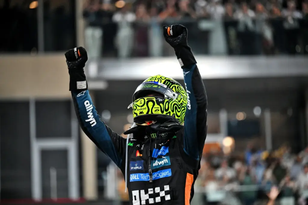 Third placed World Champion Lando Norris (GBR) McLaren celebrates in parc ferme.