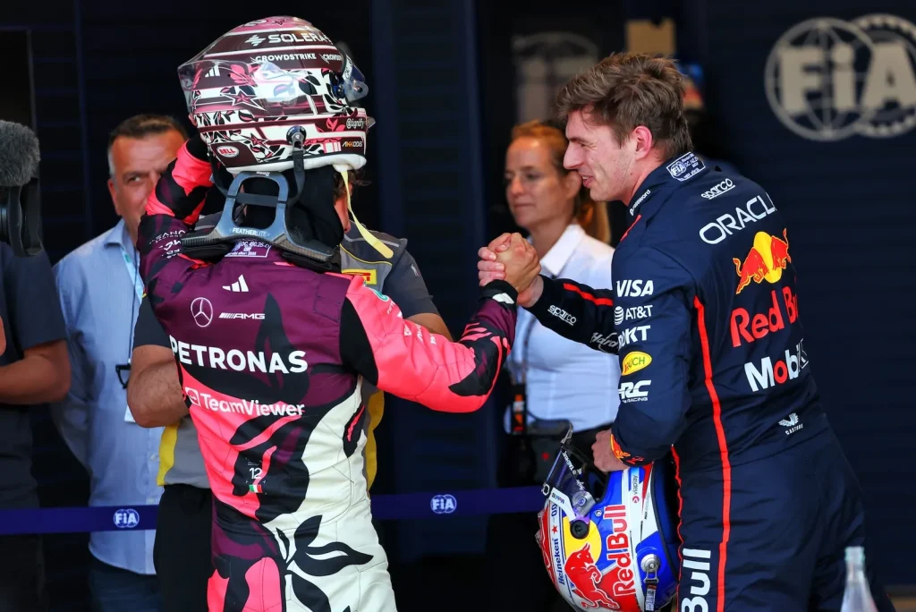 (L to R): Andrea Kimi Antonelli (ITA) Mercedes AMG F1 celebrates pole position in Sprint qualifying parc ferme with Max Verstappen (NLD) Red Bull Racing.