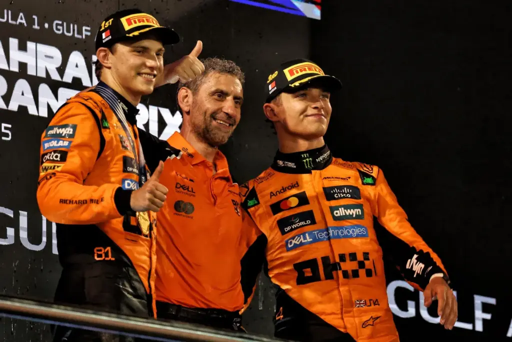 The podium (L to R): Oscar Piastri (AUS) McLaren, race winner; Andrea Stella (ITA) McLaren Team Principal; Lando Norris (GBR) McLaren, third.