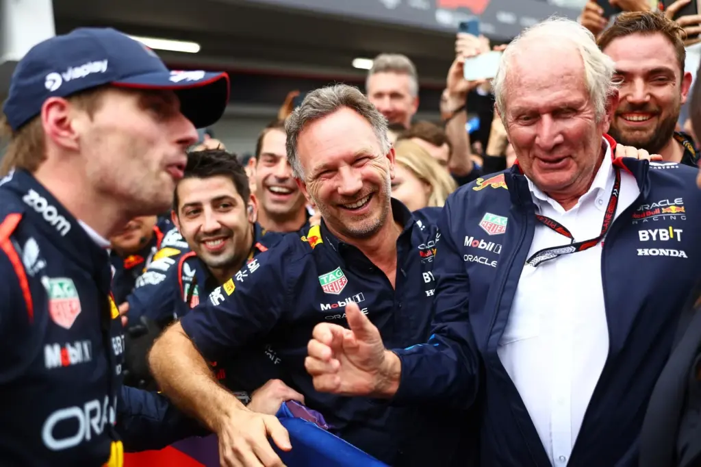 SAO PAULO, BRAZIL - NOVEMBER 03: Oracle Red Bull Racing Team Principal Christian Horner and Oracle Red Bull Racing Team Consultant Dr Helmut Marko celebrate Max Verstappen of the Netherlands and Oracle Red Bull Racing's win in parc ferme during the F1 Grand Prix of Brazil at Autodromo Jose Carlos Pace on November 03, 2024 in Sao Paulo, Brazil. (Photo by Mark Thompson/Getty Images) // Getty Images / Red Bull Content Pool // SI202411030466 // Usage for editorial use only //