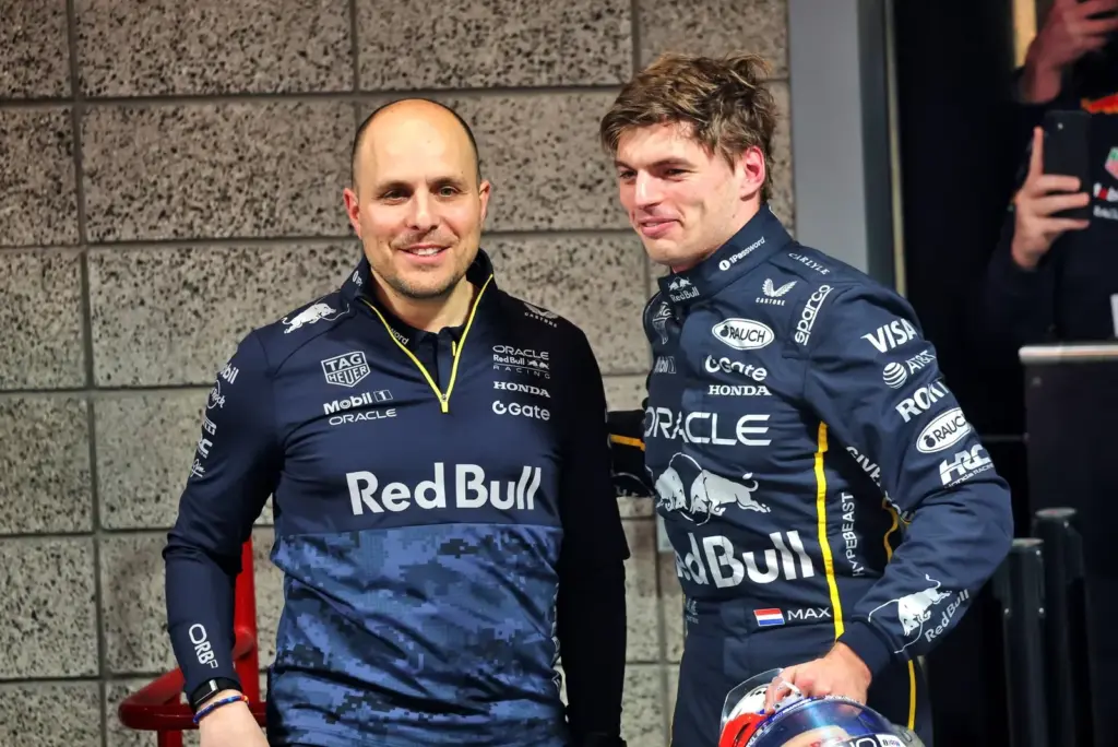 Race winner Max Verstappen (NLD) Red Bull Racing celebrates in parc ferme with Gianpiero Lambiase (ITA) Red Bull Racing Head of Racing.