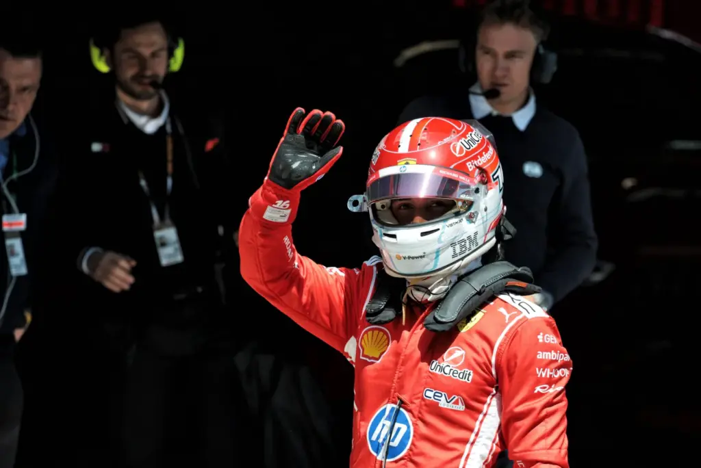 Charles Leclerc (MON) Scuderia Ferrari celebrates his second position in Sprint parc ferme.