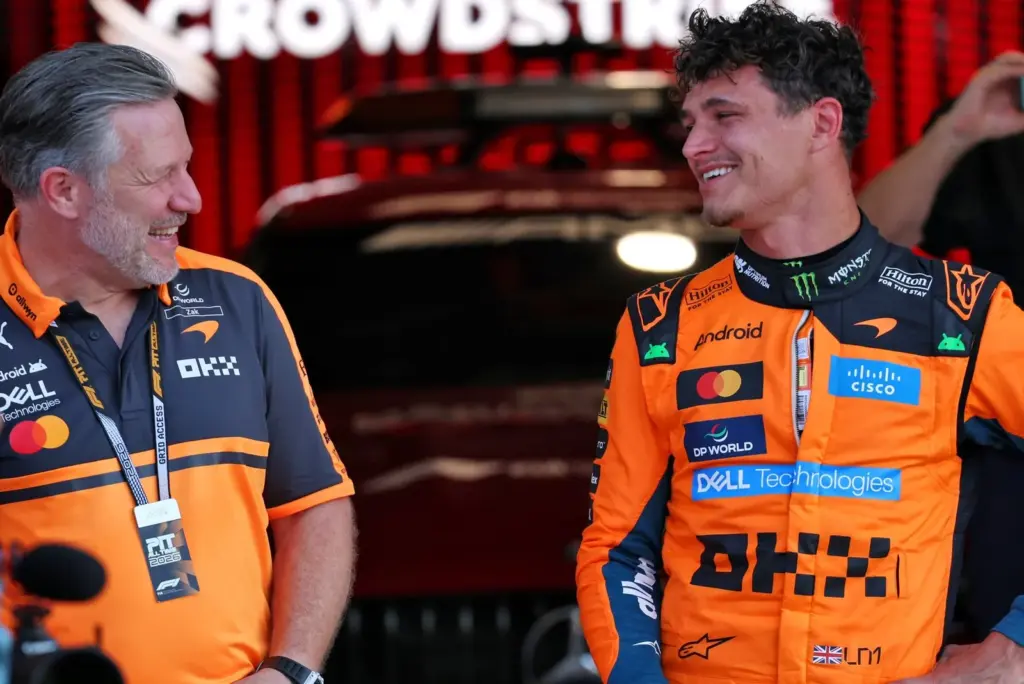ltrt Zak Brown (USA) McLaren F1 Team Executive Director with Sprint qualifying pole sitter Lando Norris (GBR) McLaren F1 Team in parc ferme.