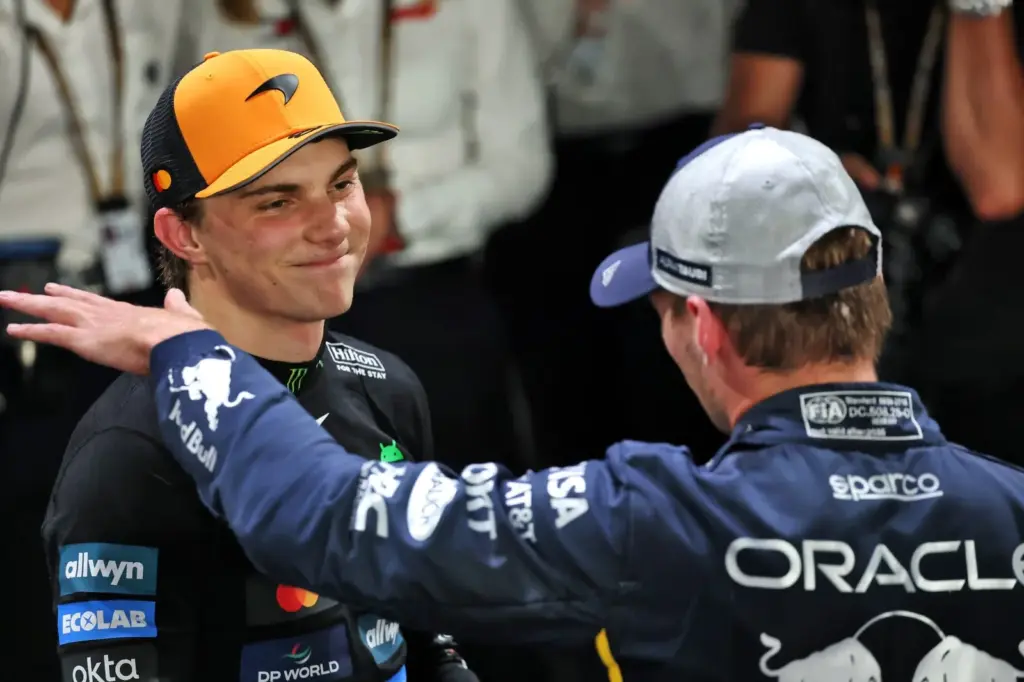 (L to R): Third placed Oscar Piastri (AUS) McLaren in qualifying parc ferme with second placed Max Verstappen (NLD) Red Bull Racing.