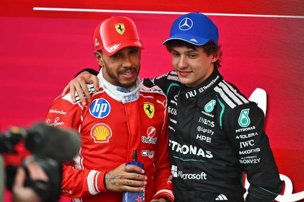 (L to R): Lewis Hamilton (GBR) Scuderia Ferrari celebrates with race winner Andrea Kimi Antonelli (ITA) Mercedes AMG Formula One Team in parc ferme.