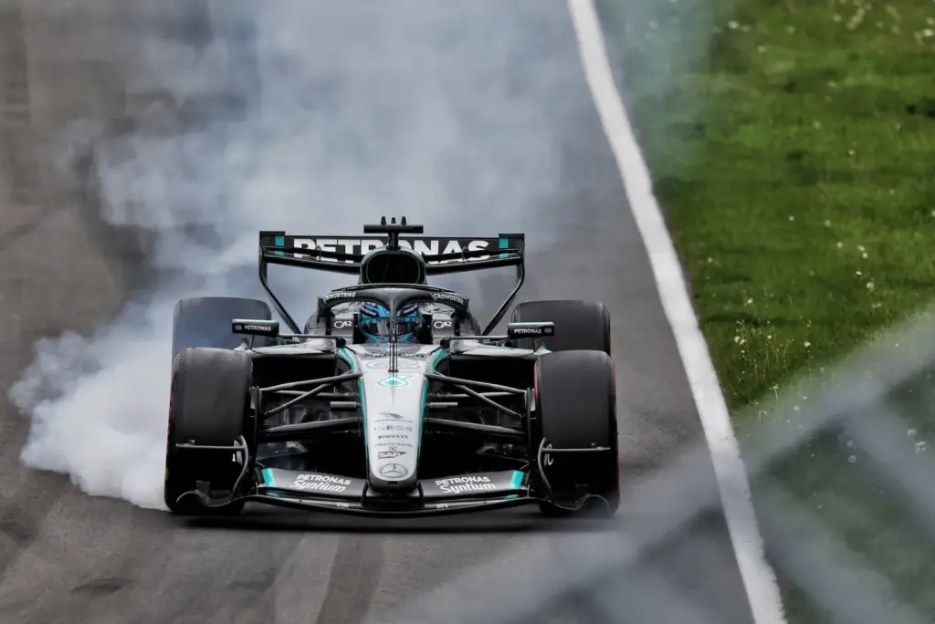 George Russell (GBR) Mercedes AMG Formula One Team W17 locks up under braking.