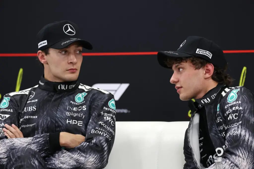 (L to R): George Russell (GBR) Mercedes AMG Formula One Team and Andrea Kimi Antonelli (ITA) Mercedes AMG Formula One Team in the post qualifying FIA Press Conference.