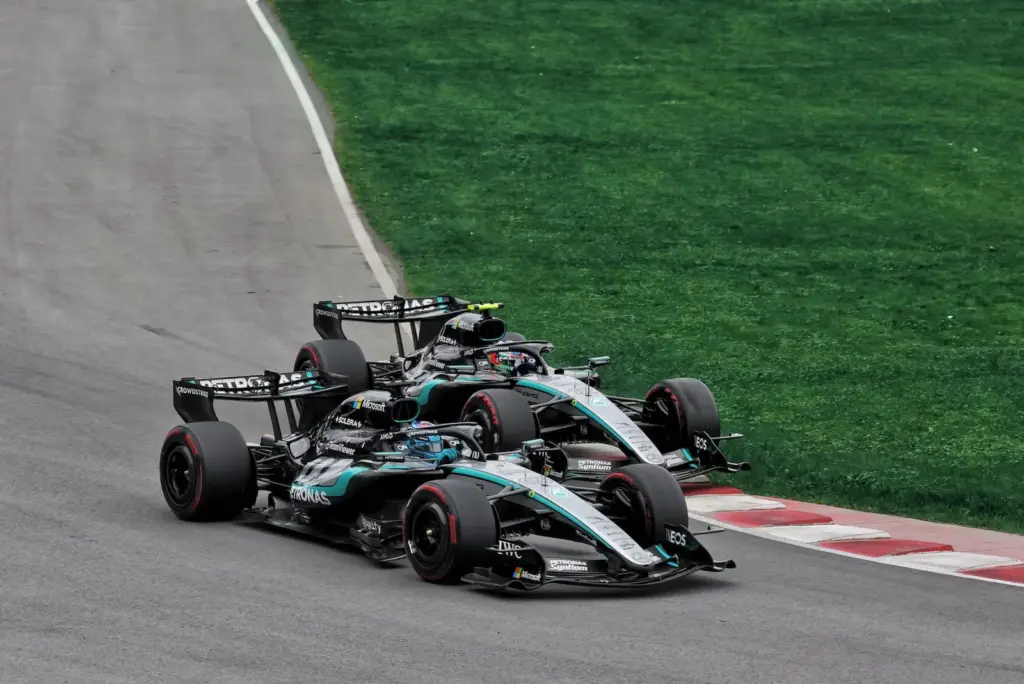 George Russell (GBR) Mercedes AMG Formula One Team W17 and Andrea Kimi Antonelli (ITA) Mercedes AMG Formula One Team W17 battle for position.