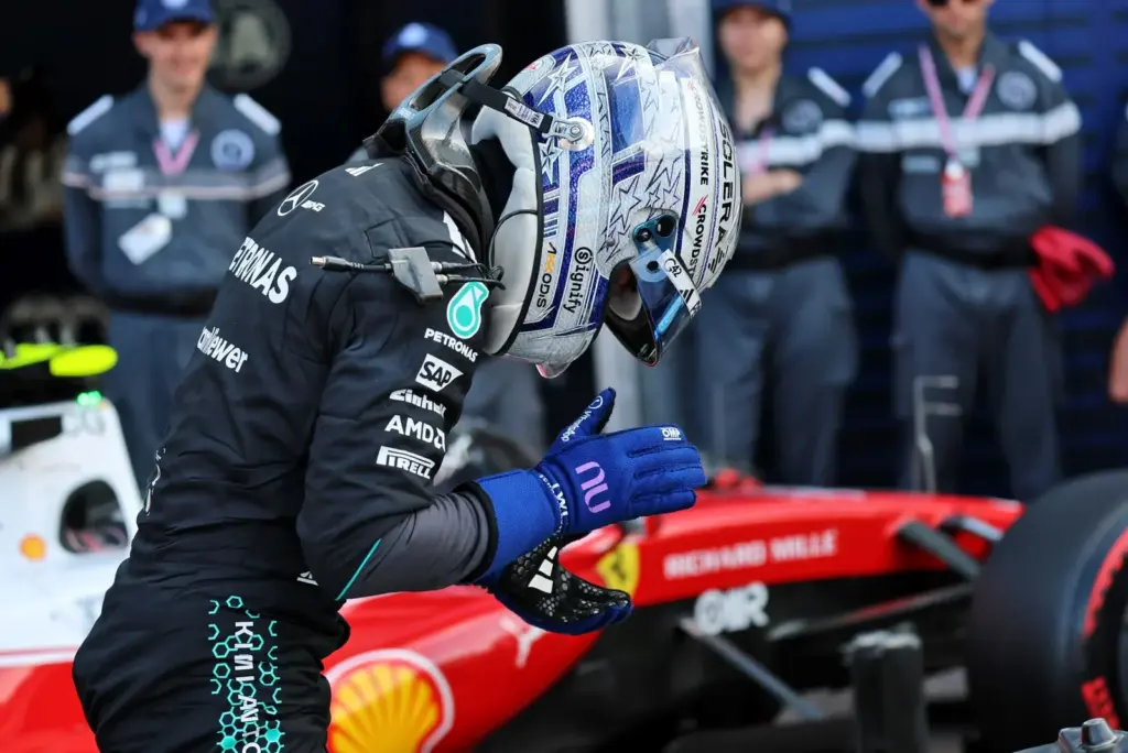 Andrea Kimi Antonelli (ITA) Mercedes AMG Formula One Team celebrates his pole position in qualifying parc ferme.