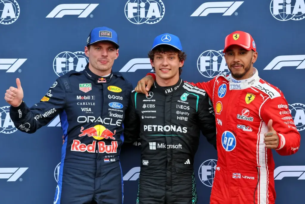 Top three in qualifying parc ferme (L to R): Max Verstappen (NLD) Red Bull Racing, second; Andrea Kimi Antonelli (ITA) Mercedes AMG Formula One Team, pole position; Lewis Hamilton (GBR) Scuderia Ferrari, third.