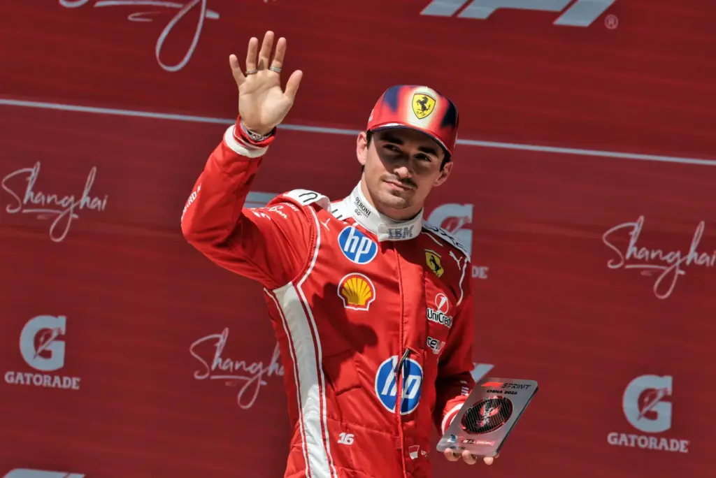 Charles Leclerc (MON) Scuderia Ferrari celebrates his second position in Sprint parc ferme.