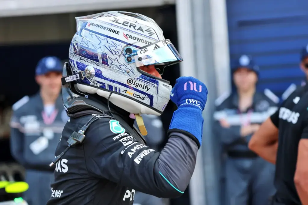 Andrea Kimi Antonelli (ITA) Mercedes AMG Formula One Team celebrates his pole position in qualifying parc ferme.