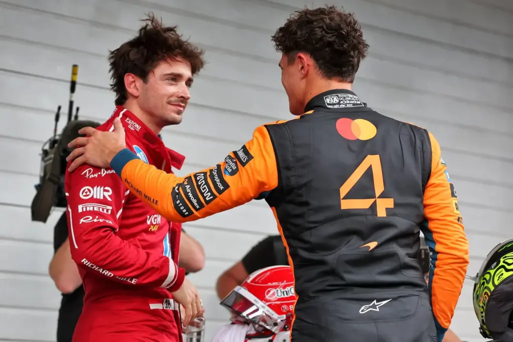 (L to R): Third placed Charles Leclerc (MON) Ferrari in qualifying parc ferme with pole sitter Lando Norris (GBR) McLaren.
