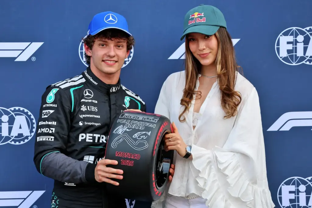 (L to R): Andrea Kimi Antonelli (ITA) Mercedes AMG Formula One Team receives the Pirelli Pole Position Award from Eileen Gu (USA) / (CHN) Freestyle SkFelix Rosenqvist (SWE) in qualifying parc ferme.