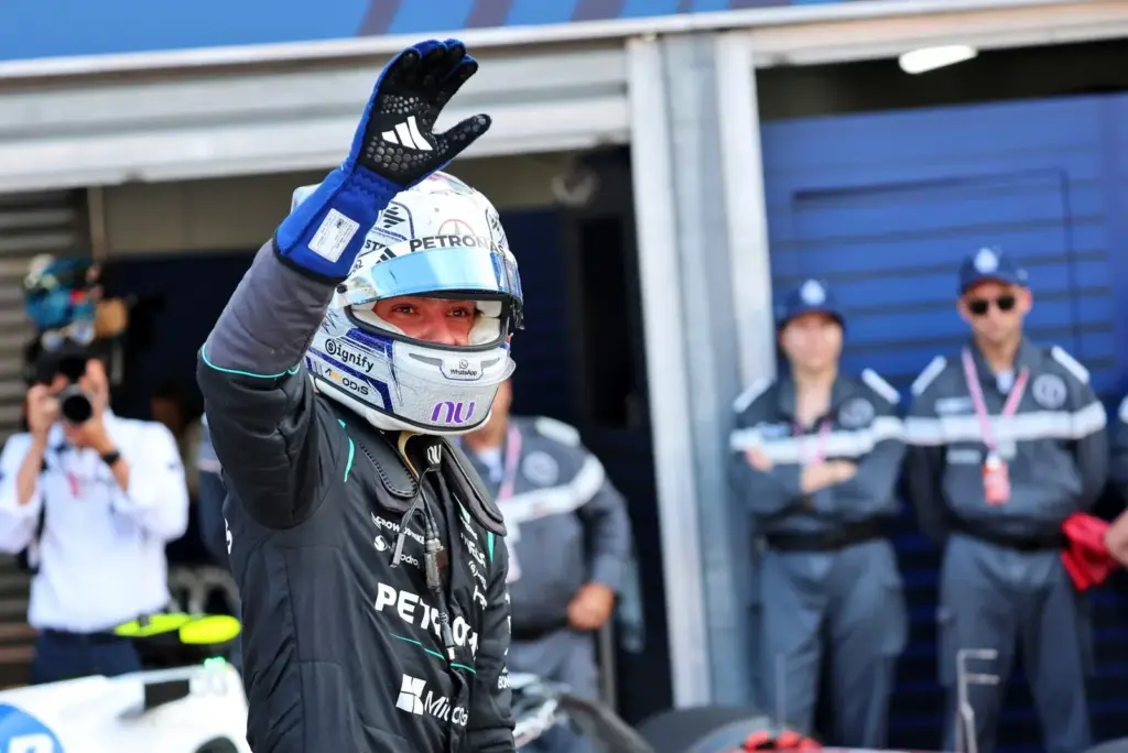 Andrea Kimi Antonelli (ITA) Mercedes AMG Formula One Team celebrates his pole position in qualifying parc ferme.