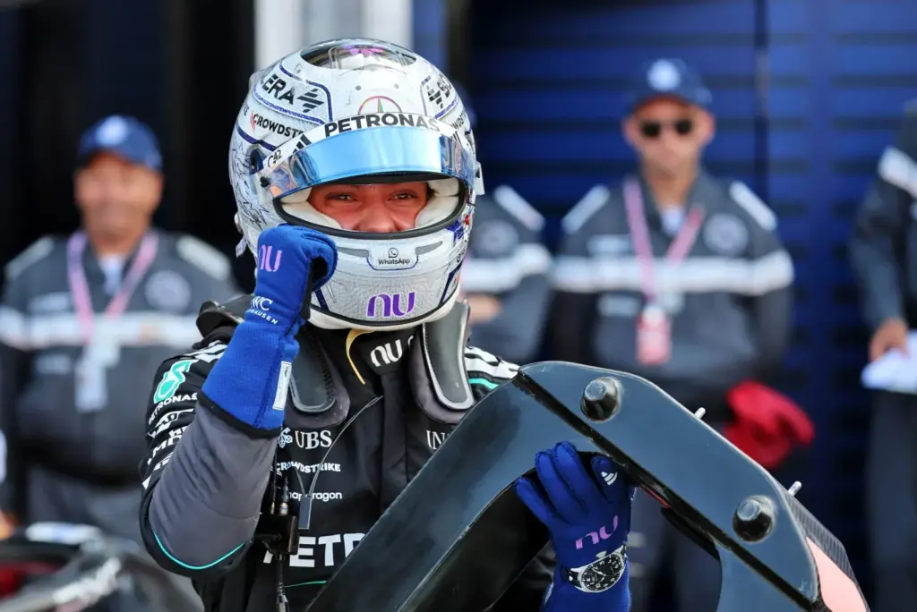 Andrea Kimi Antonelli (ITA) Mercedes AMG Formula One Team celebrates his pole position in qualifying parc ferme.