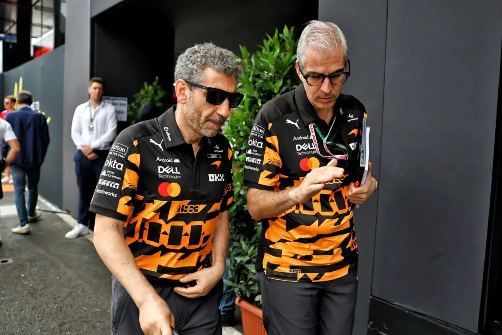 (L to R): Andrea Stella (ITA) McLaren F1 Team Team Principal with Alessandro Alunni Bravi (ITA) McLaren F1 Team Chief Business Affairs Officer.