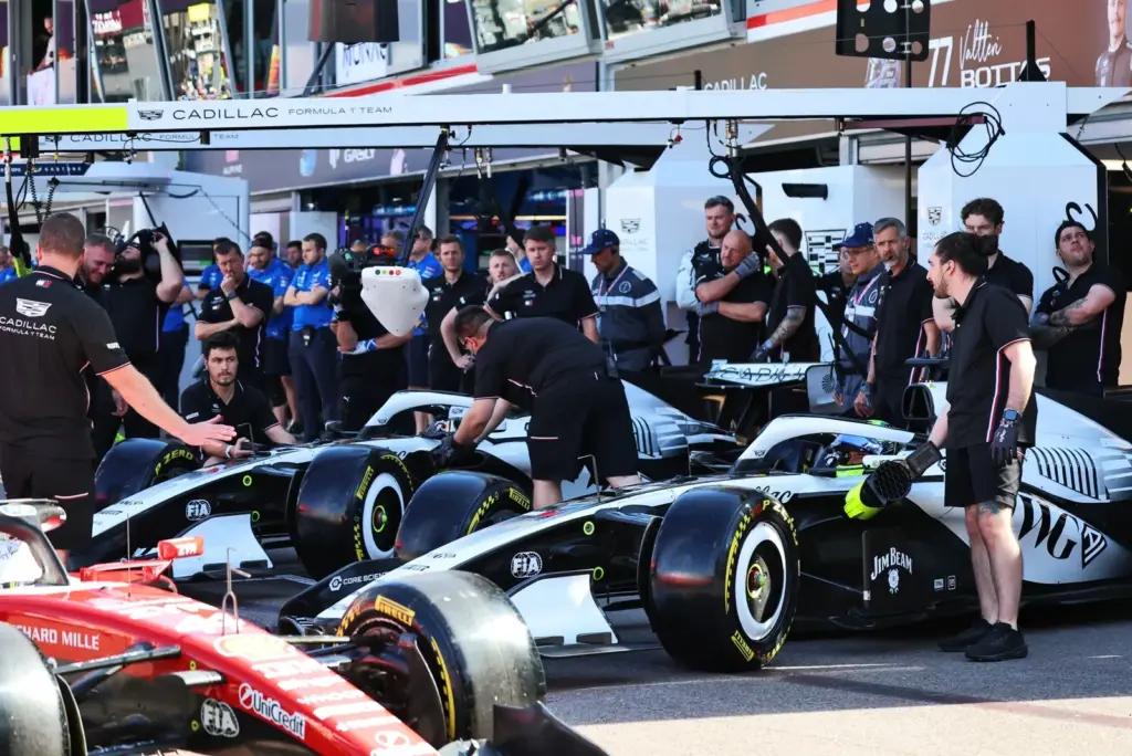 Sergio Perez (MEX) Cadillac Formula 1 Team MAC-26 and Valtteri Bottas (FIN) Cadillac Formula 1 Team MAC-26 in the pits.