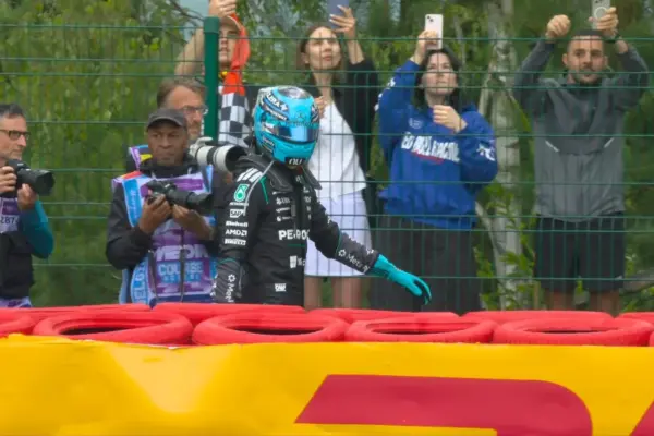F1: Russell triggers safety car after spinning and getting stuck in the gravel trap at the start in Belgium