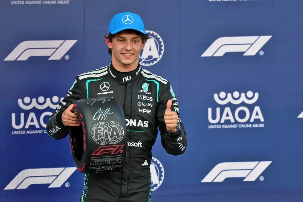 Andrea Kimi Antonelli (ITA) Mercedes AMG Formula One Team with the Pirelli Pole Position Award in qualifying parc ferme.