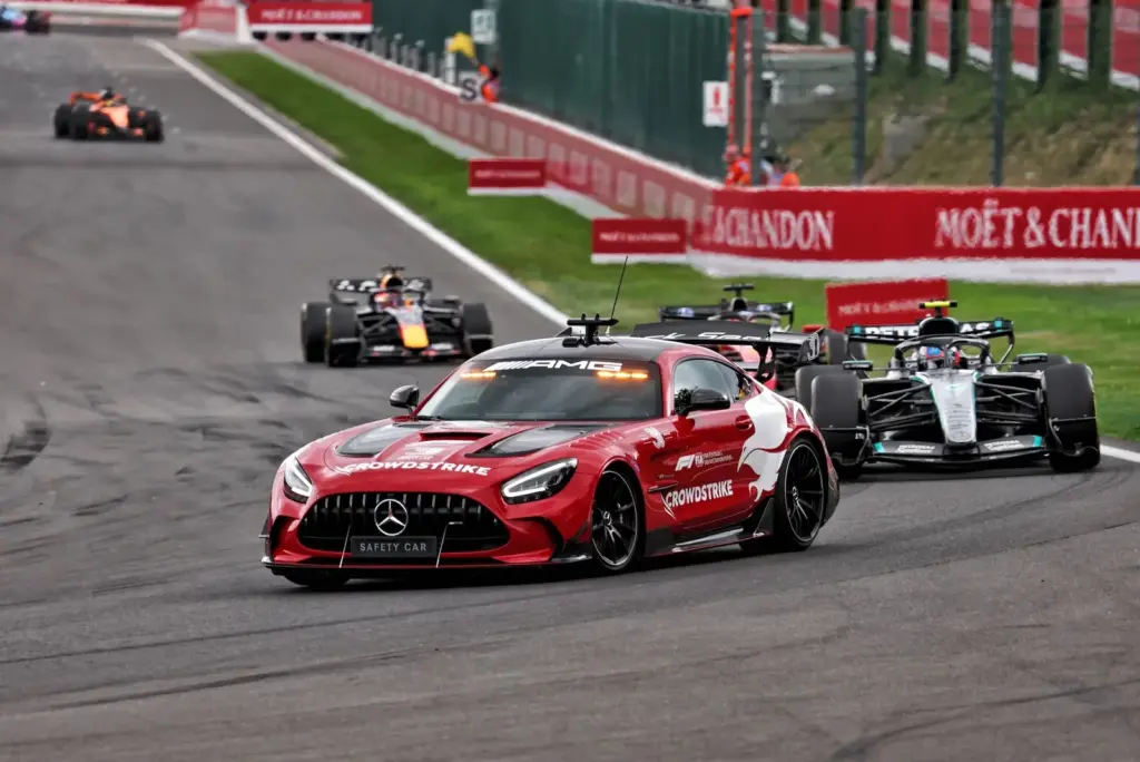 Andrea Kimi Antonelli (ITA) Mercedes AMG Formula One Team W17 leads behind the Mercedes FIA Safety Car.