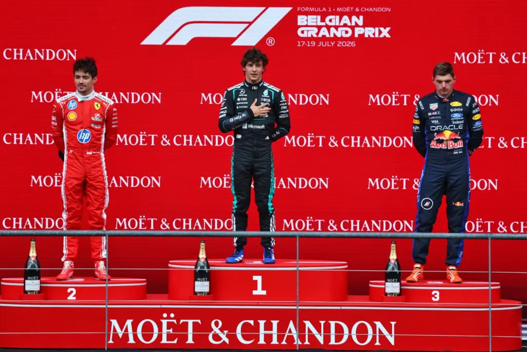 The podium (L to R): Charles Leclerc (MON) Scuderia Ferrari, second; Andrea Kimi Antonelli (ITA) Mercedes AMG Formula One Team, race winner; Max Verstappen (NLD) Red Bull Racing, third.
