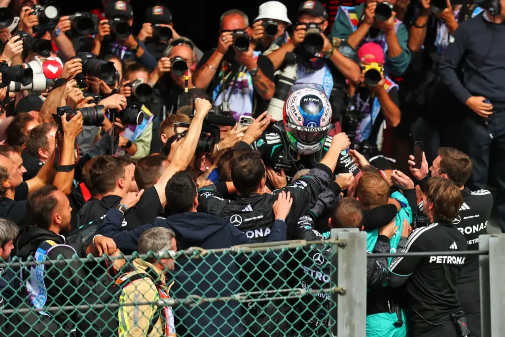 Race winner Andrea Kimi Antonelli (ITA) Mercedes AMG Formula One Team celebrates in parc ferme.