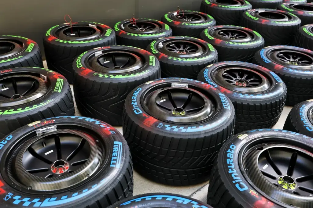 Wet and intermediate Pirelli tyres.