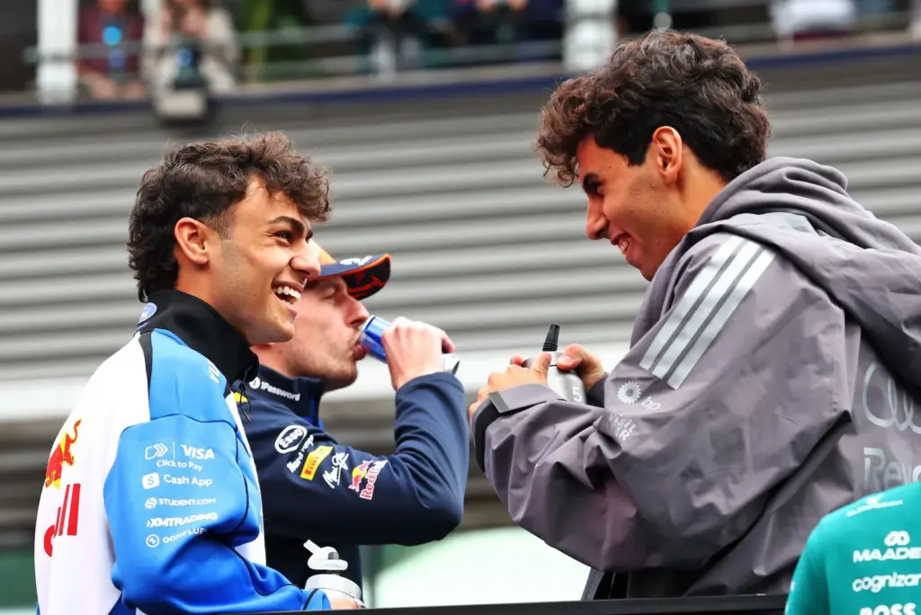 (L to R): Arvid Lindblad (GBR) Racing Bulls Formula One Team and Gabriel Bortoleto (BRA) Audi F1 Team on the drivers' parade.