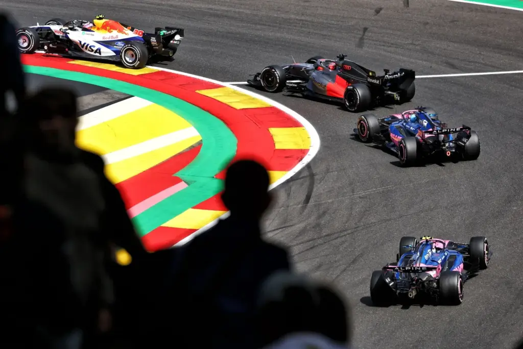 Liam Lawson (NZL) Racing Bulls Formula One Team VCARB 03 leads Gabriel Bortoleto (BRA) Audi F1 Team R26, Pierre Gasly (FRA) Alpine F1 Team A526, and Franco Colapinto (ARG) Alpine F1 Team A526.