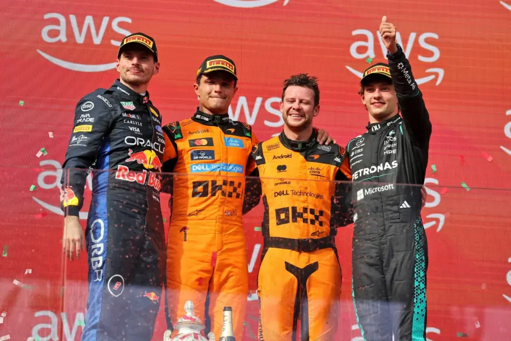 The podium (L to R): Max Verstappen (NLD) Red Bull Racing, second; Lando Norris (GBR) McLaren F1 Team, race winner; Kyle Moreira (GBR) McLaren F1 Team No. 1 Mechanic; Andrea Kimi Antonelli (ITA) Mercedes AMG Formula One Team, third.
