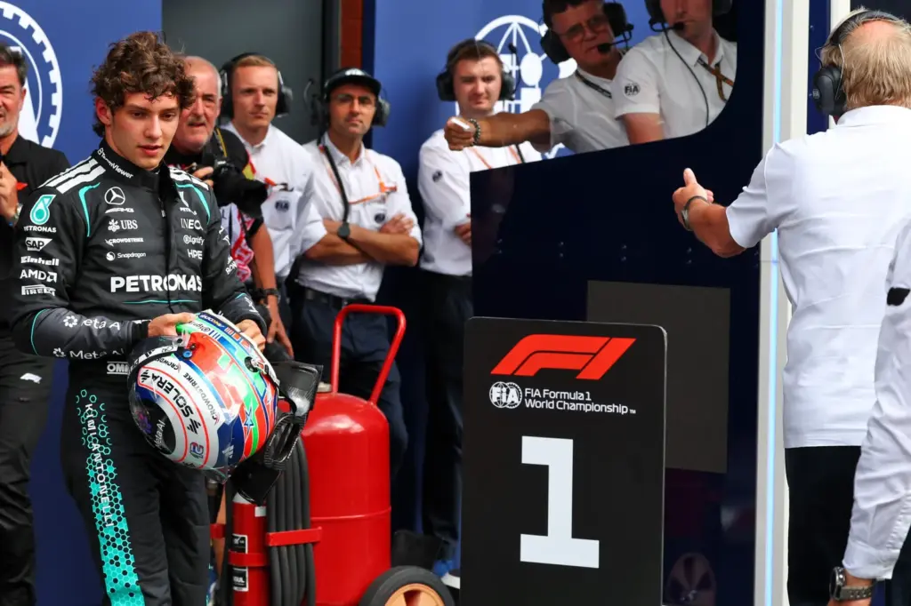 Race winner Andrea Kimi Antonelli (ITA) Mercedes AMG Formula One Team in parc ferme.
