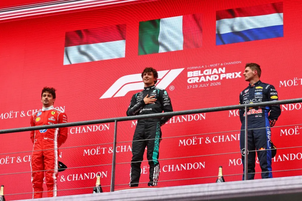 The podium (L to R): Charles Leclerc (MON) Scuderia Ferrari, second; Andrea Kimi Antonelli (ITA) Mercedes AMG Formula One Team, race winner; Max Verstappen (NLD) Red Bull Racing, third.