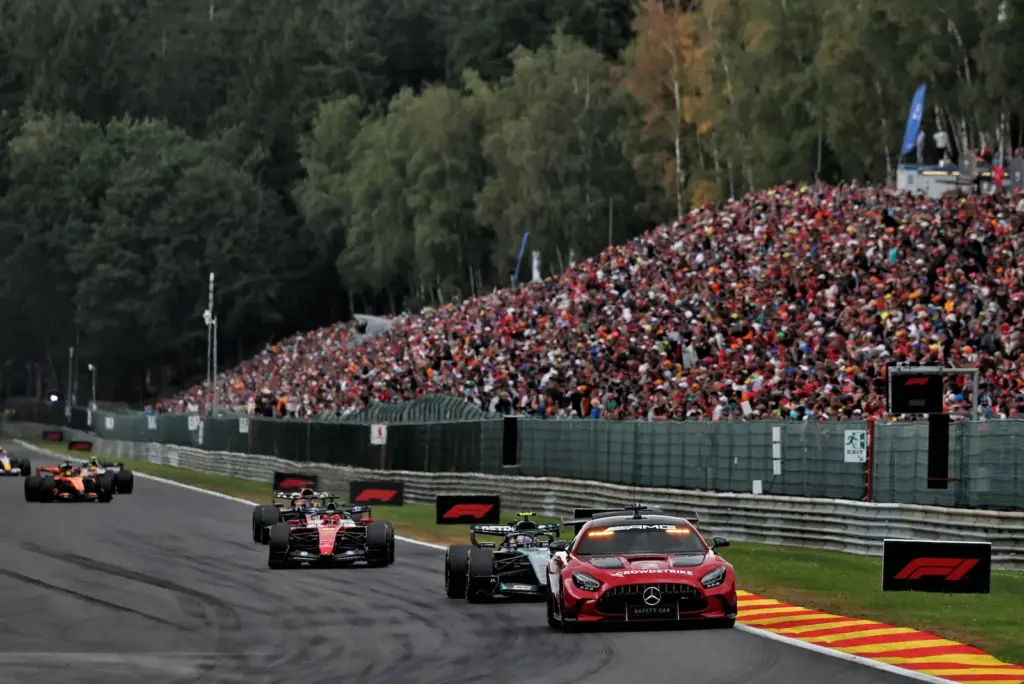Andrea Kimi Antonelli (ITA) Mercedes AMG Formula One Team W17 leads behind the Mercedes FIA Safety Car.