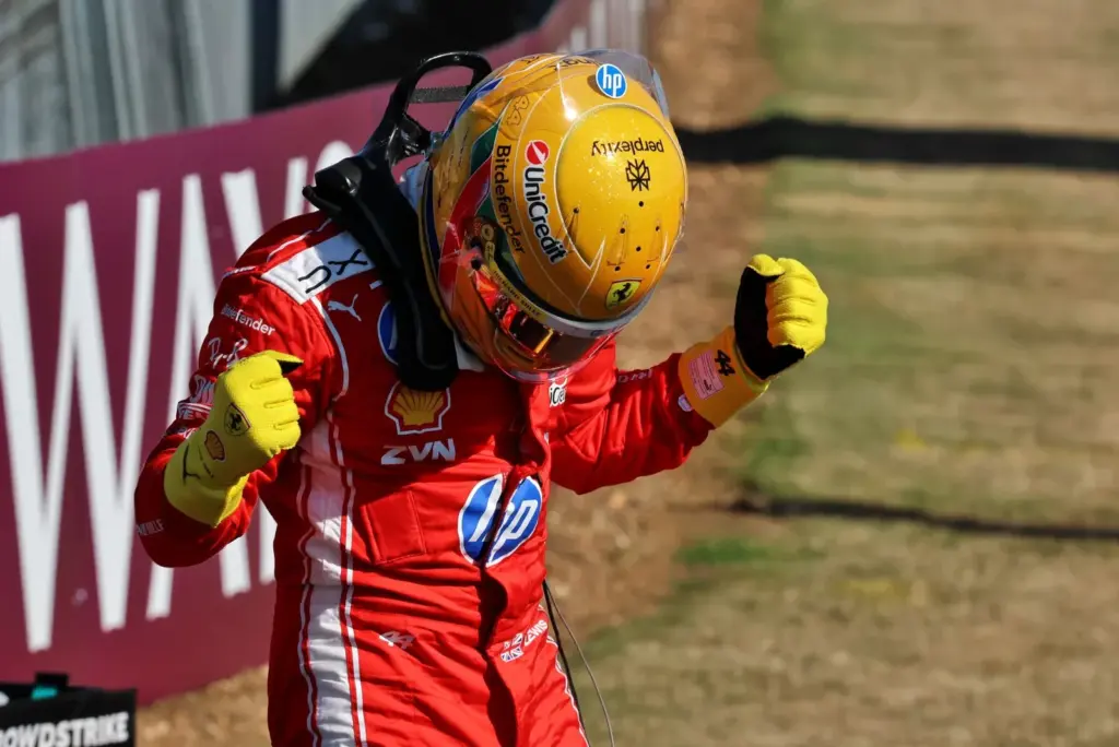Lewis Hamilton (GBR) Scuderia Ferrari celebrates his pole position in Sprint parc ferme.