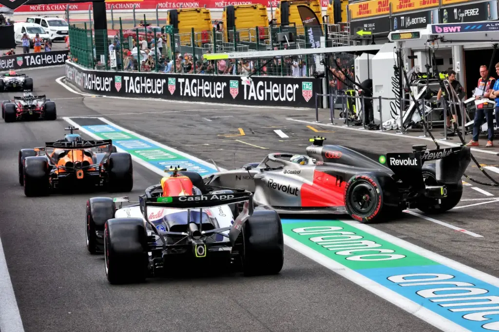 Gabriel Bortoleto (BRA) Audi F1 Team R26 leaves the pits ahead of Liam Lawson (NZL) Racing Bulls Formula One Team VCARB 03.