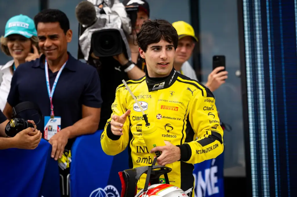 Rafael Camara (BRA) Invicta Racing celebrates his third position in parc ferme.