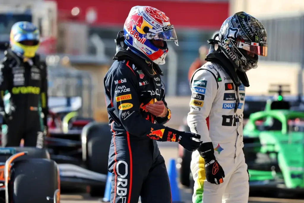 (L to R): Max Verstappen (NLD) Red Bull Racing and Oscar Piastri (AUS) McLaren in Sprint qualifying parc ferme.