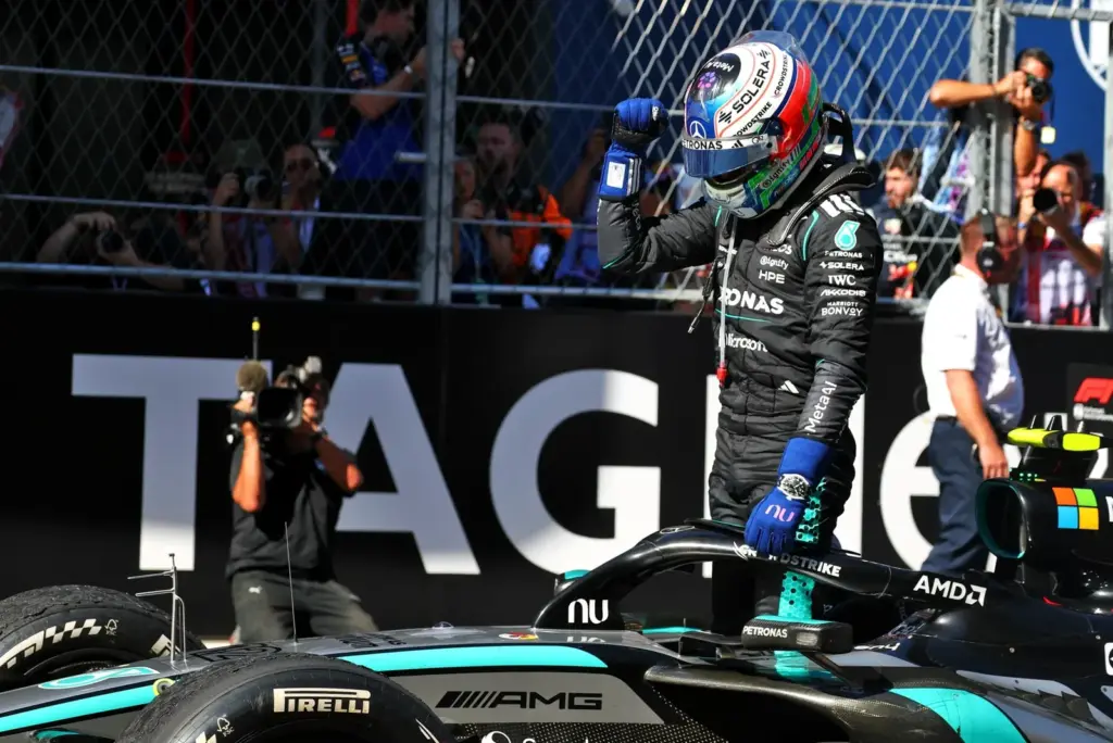 Race winner Andrea Kimi Antonelli (ITA) Mercedes AMG Formula One Team W17 celebrates in parc ferme.