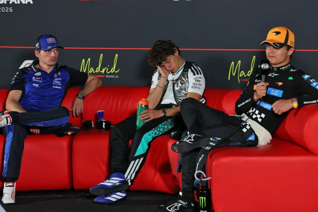(L to R): Max Verstappen (NLD) Red Bull Racing; Andrea Kimi Antonelli (ITA) Mercedes AMG Formula One Team; and Lando Norris (GBR) McLaren F1 Team, in the post race FIA Press Conference.