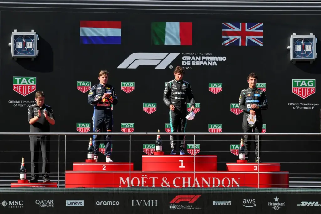 The podium (L to R): David Lamb (GBR) Mercedes AMG High Performance Powertrains Performance Engineer; Max Verstappen (NLD) Red Bull Racing, second; Andrea Kimi Antonelli (ITA) Mercedes AMG Formula One Team, race winner; Lando Norris (GBR) McLaren F1 Team, third.