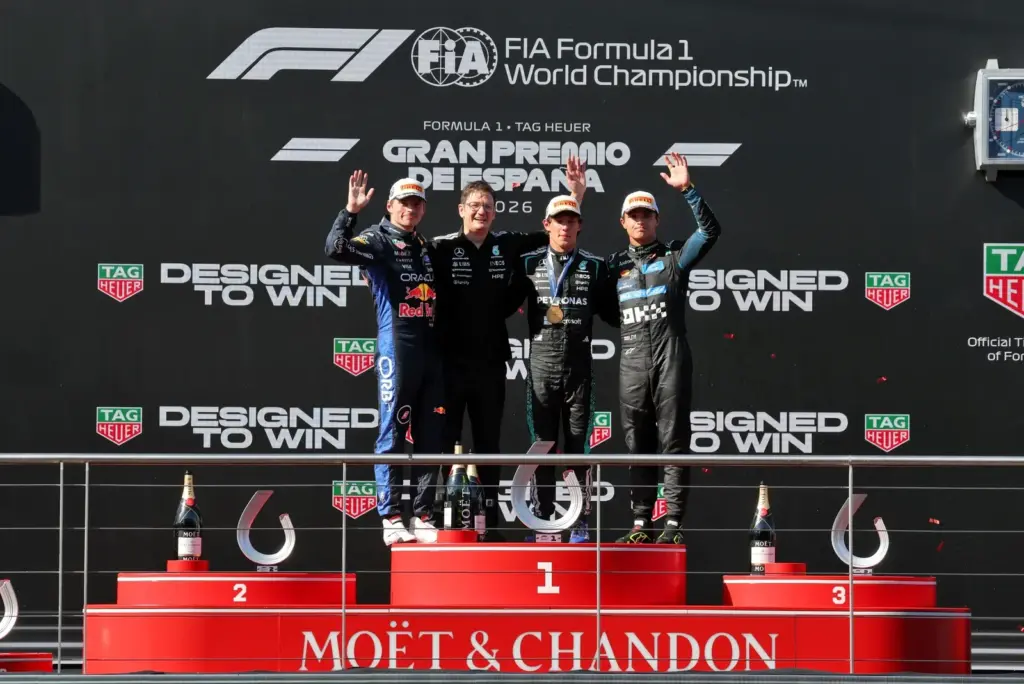 The podium (L to R): Max Verstappen (NLD) Red Bull Racing, second; David Lamb (GBR) Mercedes AMG High Performance Powertrains Performance Engineer; Andrea Kimi Antonelli (ITA) Mercedes AMG Formula One Team, race winner; Lando Norris (GBR) McLaren F1 Team, third.