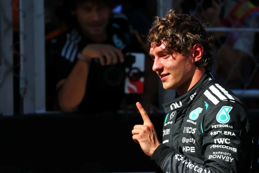 Race winner Andrea Kimi Antonelli (ITA) Mercedes AMG Formula One Team celebrates in parc ferme.