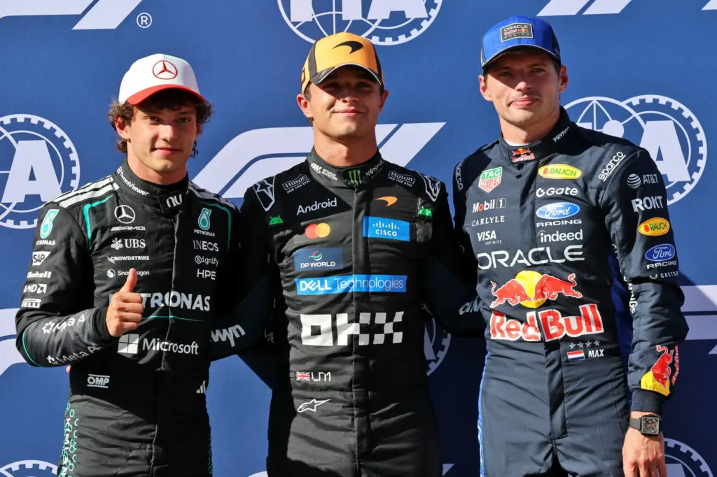 Qualifying top three in parc ferme (L to R): Andrea Kimi Antonelli (ITA) Mercedes AMG Formula One Team, second; Lando Norris (GBR) McLaren F1 Team, pole position; Max Verstappen (NLD) Red Bull Racing, third.
