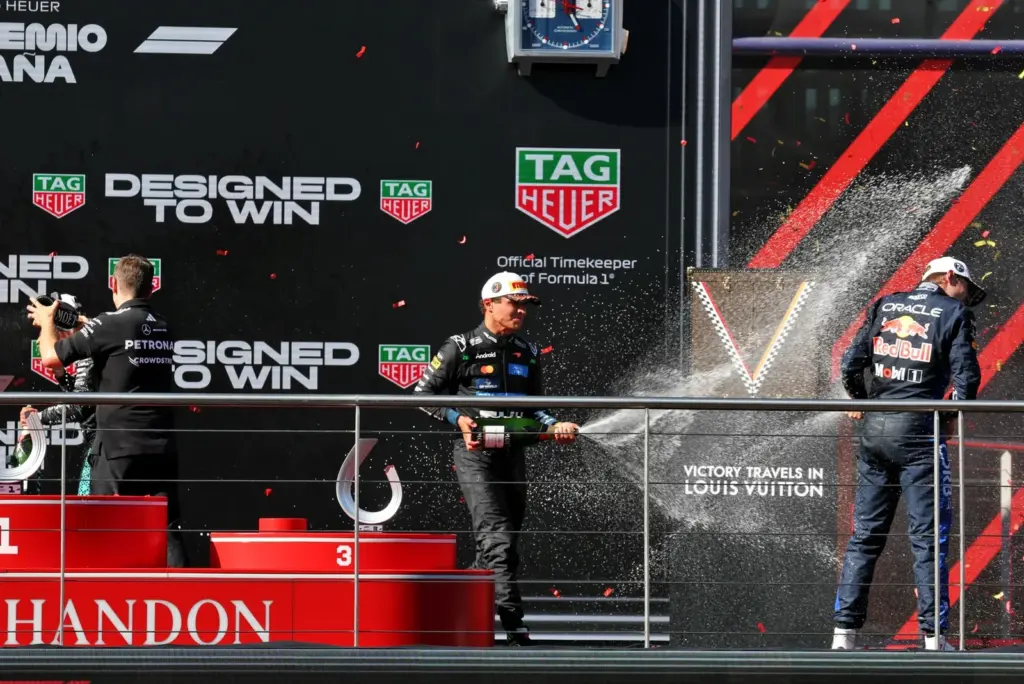 (L to R): Lando Norris (GBR) McLaren F1 Team celebrates his third position on the podium with second placed Max Verstappen (NLD) Red Bull Racing.