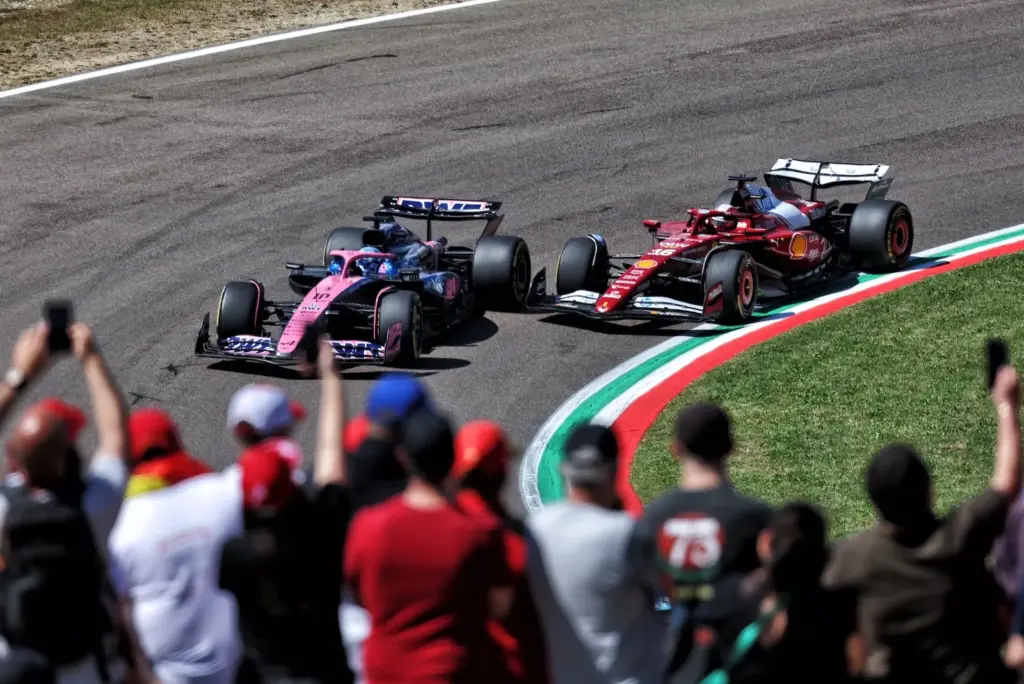 Pierre Gasly (FRA) Alpine F1 Team A525 and Charles Leclerc (MON) Ferrari SF-25.