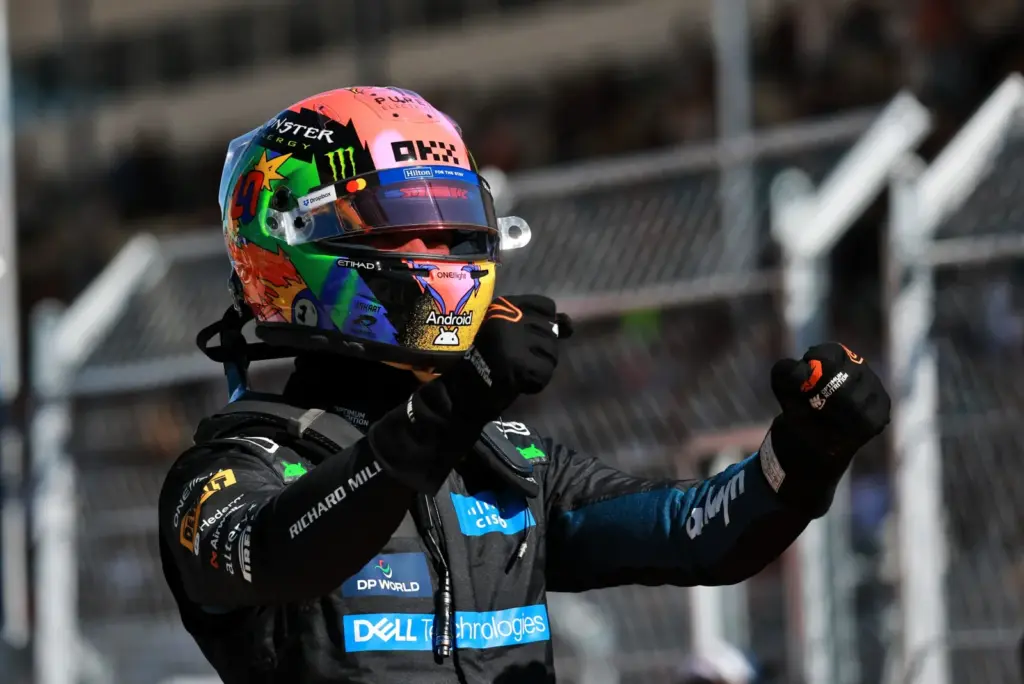 Lando Norris (GBR) McLaren F1 Team celebrates his pole position in qualifying parc ferme.